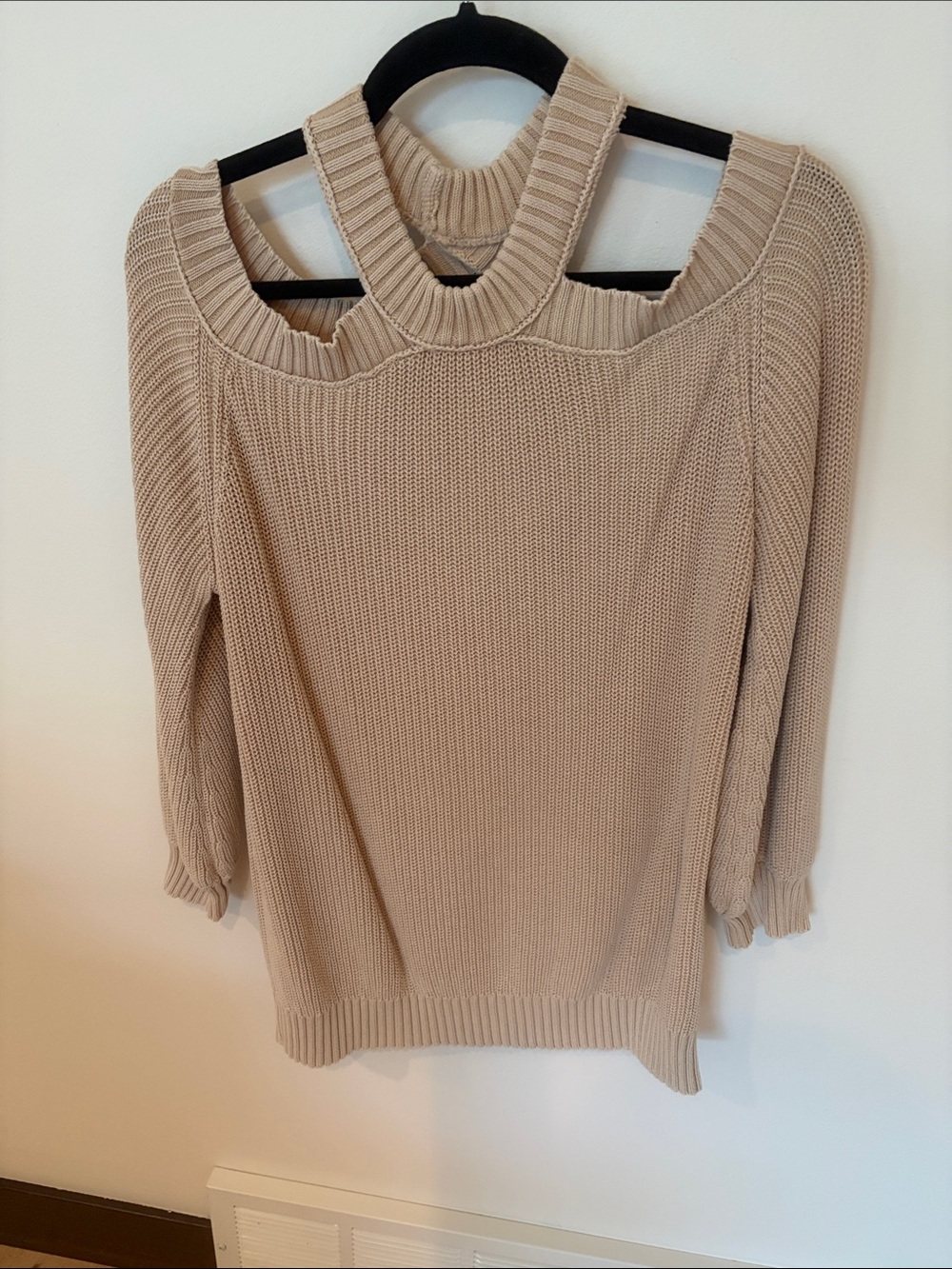 Vici Beige Off-the-Shoulder Cutout Sweater